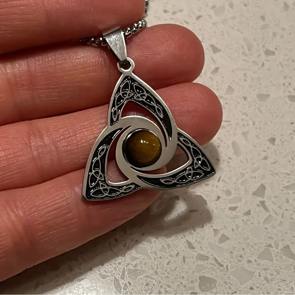 Viking Trinity Knot Necklace Stainless Steel Tiger Eye Witch‎ Irish Celtic